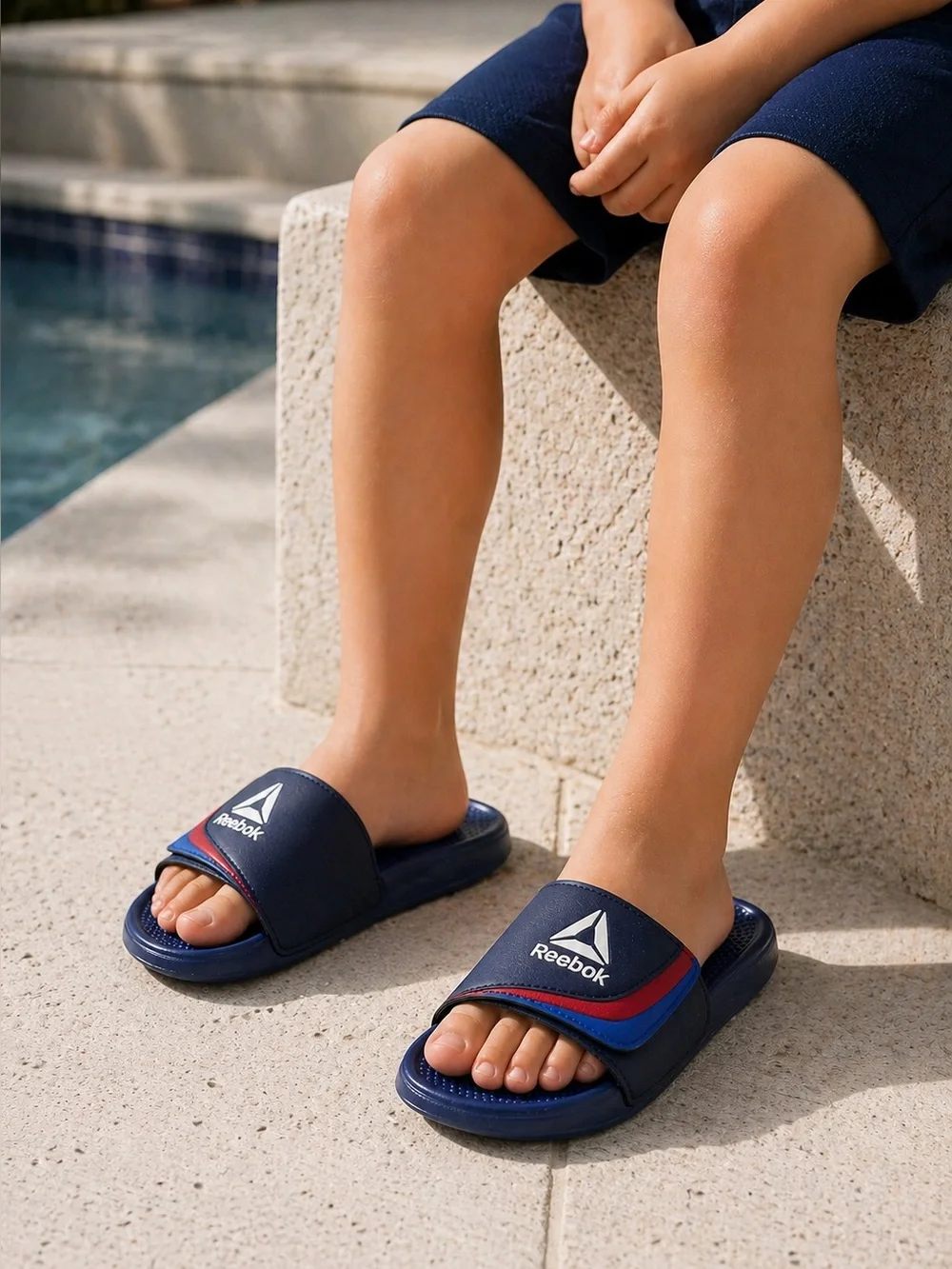 Reebok Kids Navy Slide Sandals Size 2 • Adjustable Strap Comfort Slip-On Shoes